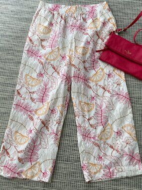 C & C California Crinkle Cotton Wide Leg Floral  Embroidered Pull On Pant M